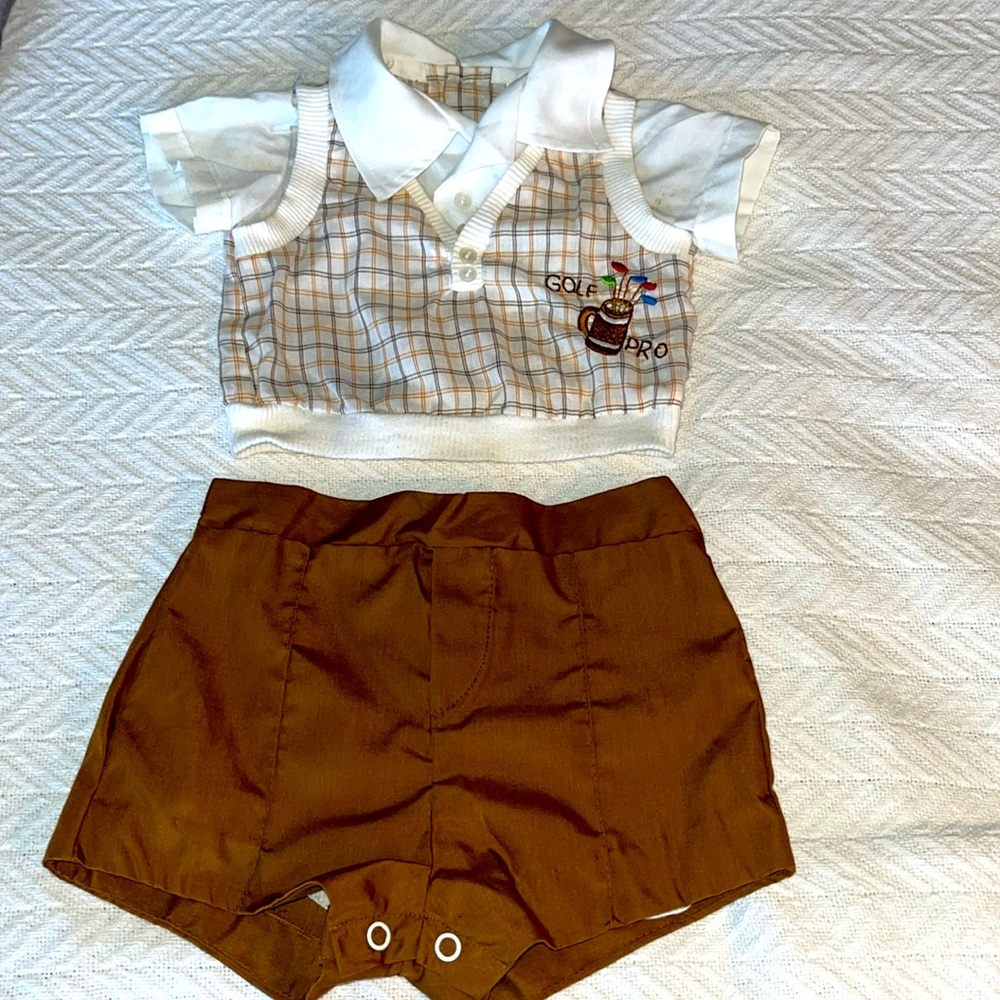 Vtg Baby Boy 2 Piece Shirt with Attached Vest & Fly Front Detail Shorts 6-9 Mos